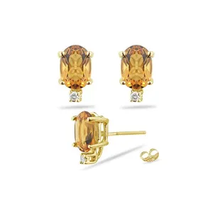 0.02 Cts Diamond & 1.60 Cts of 7x5 mm AA Oval Citrine Stud Earrings in 14K Yellow Gold-Screw Backs