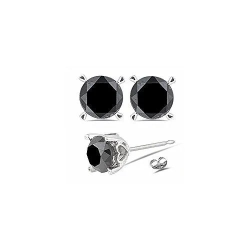 0.75 Cts of 3.50-4.00 mm AAA Round Black Diamond Heart-Themed Stud Earrings in 14K White Gold