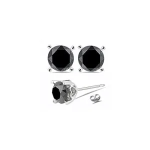 0.75 Cts of 3.50-4.00 mm AAA Round Black Diamond Heart-Themed Stud Earrings in 14K White Gold
