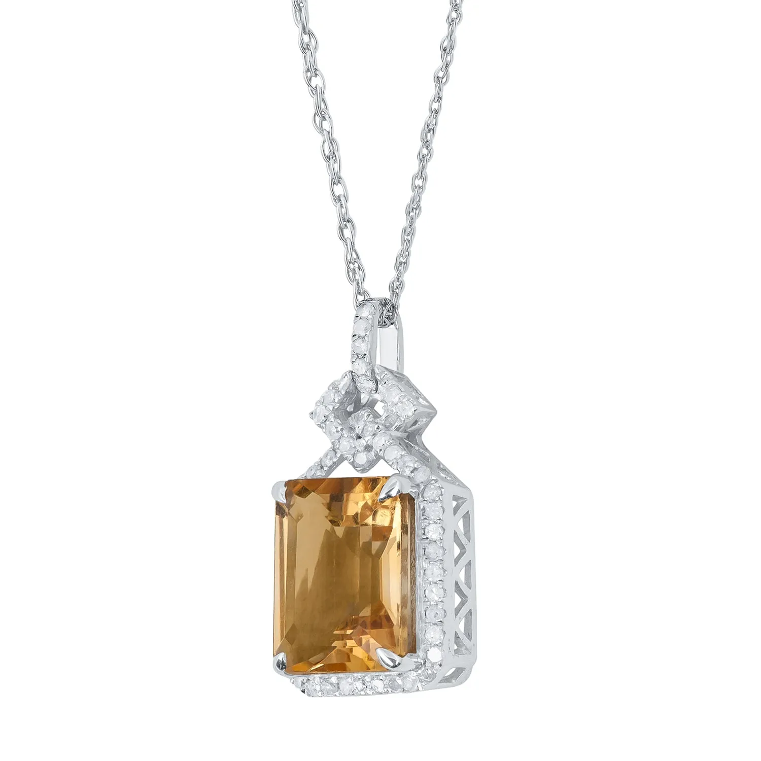 10k White Gold Emerald-cut Citrine and Diamond Halo Necklace