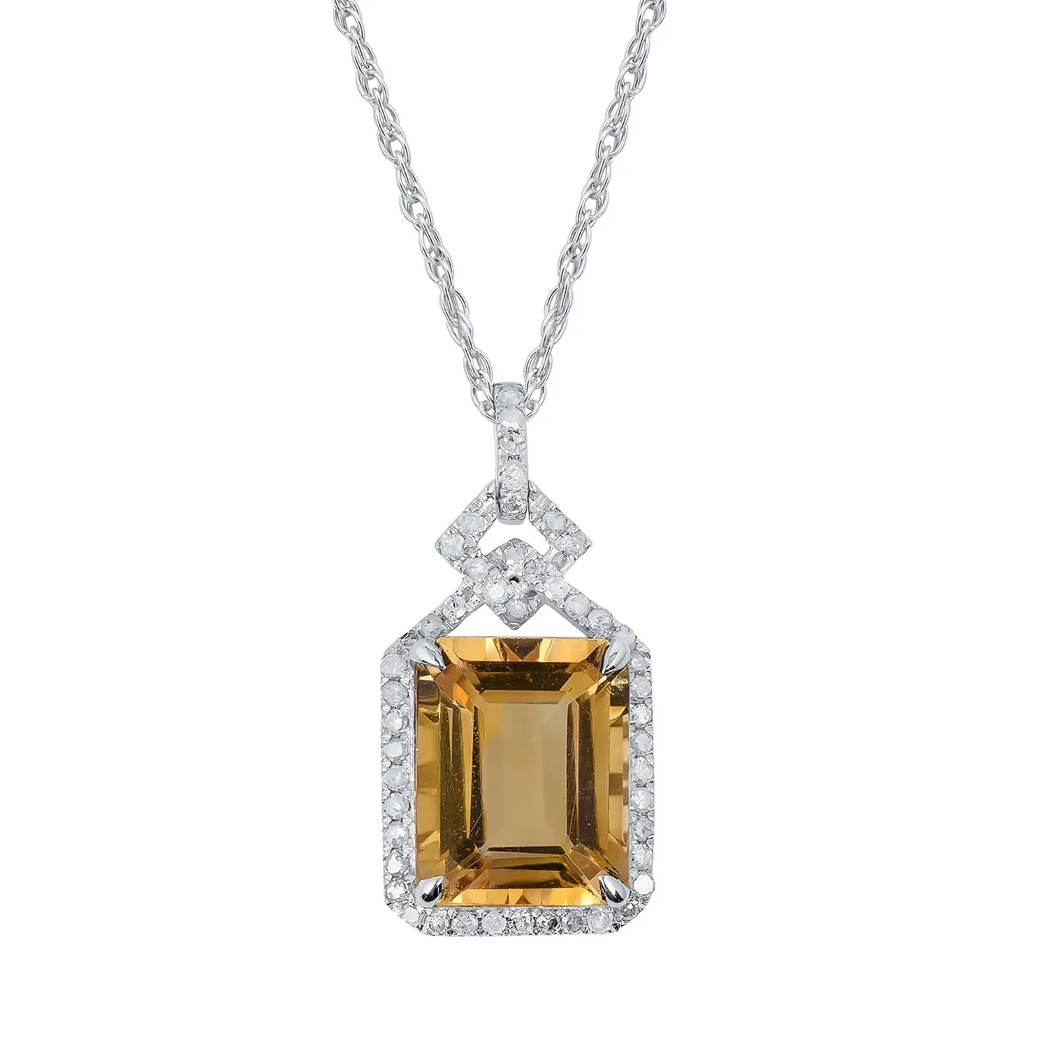 10k White Gold Emerald-cut Citrine and Diamond Halo Necklace
