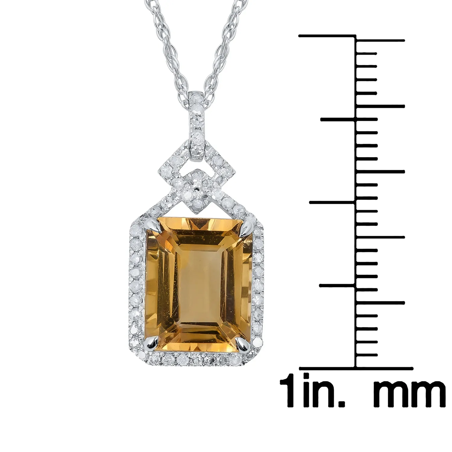 10k White Gold Emerald-cut Citrine and Diamond Halo Necklace