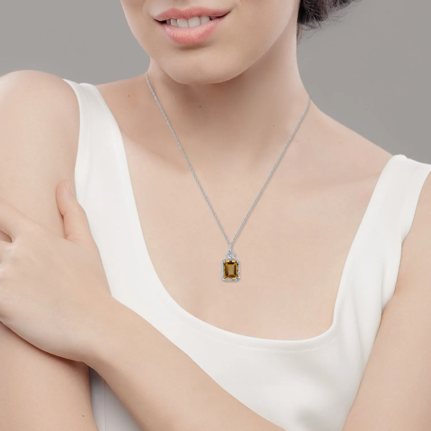 10k White Gold Emerald-cut Citrine and Diamond Halo Necklace
