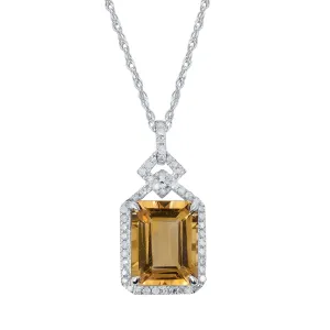 10k White Gold Emerald-cut Citrine and Diamond Halo Necklace