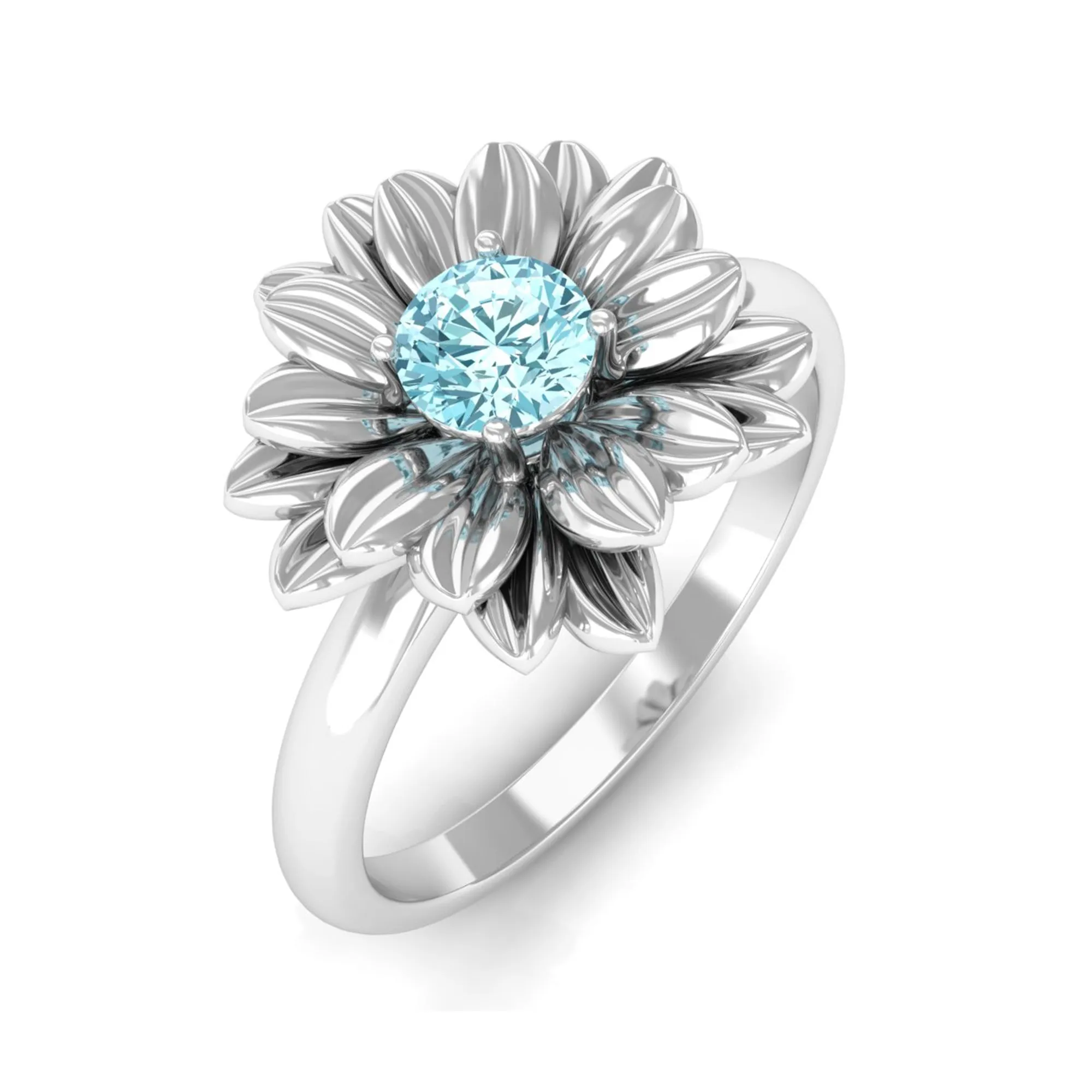 1/4 CT Round Cut Real Aquamarine and Gold Flower Ring