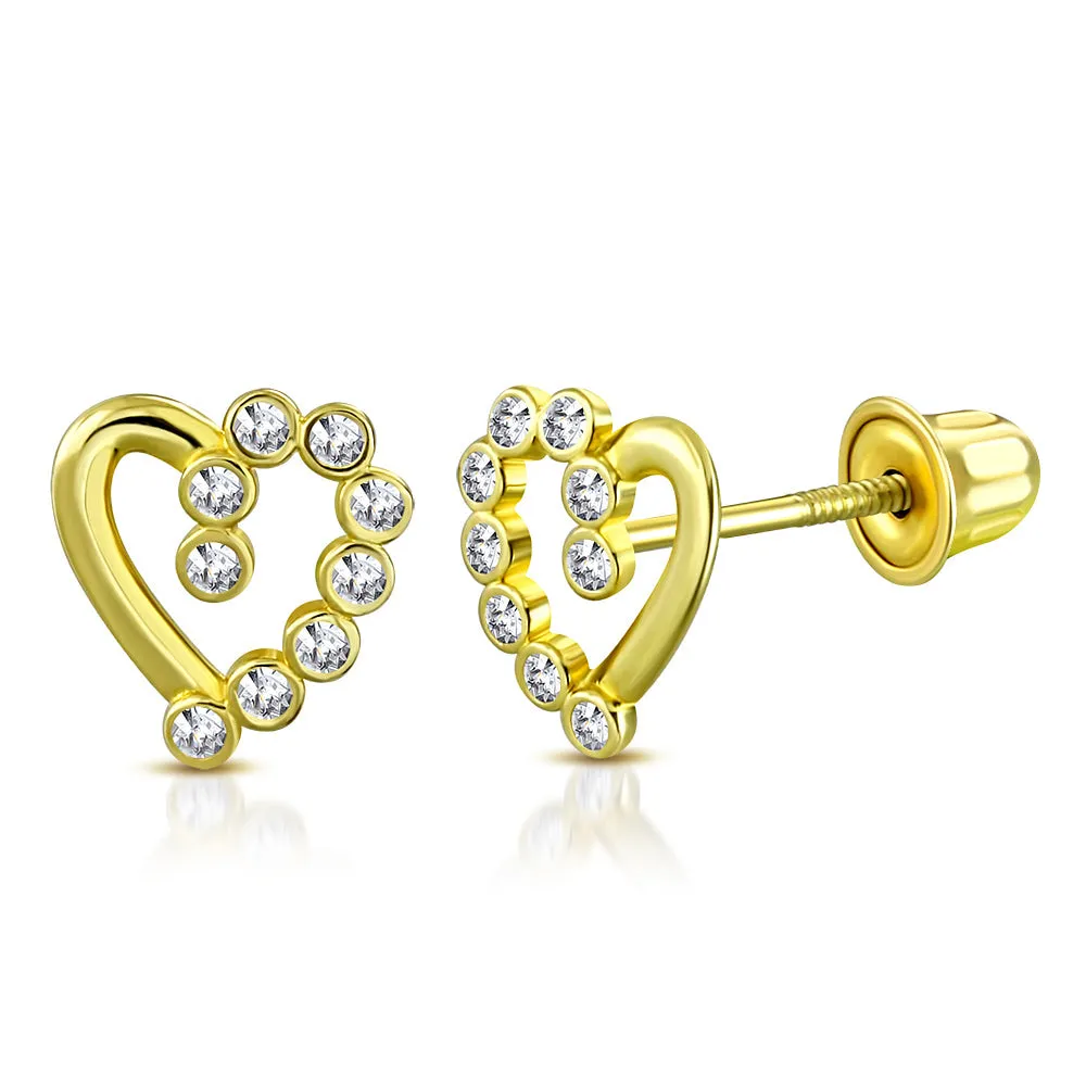 14K Yellow Gold Love Heart Bezel-Set White Clear CZ Small Girls Stud Earrings, 0.30"