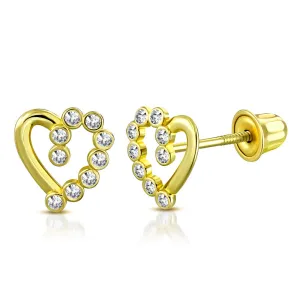 14K Yellow Gold Love Heart Bezel-Set White Clear CZ Small Girls Stud Earrings, 0.30"