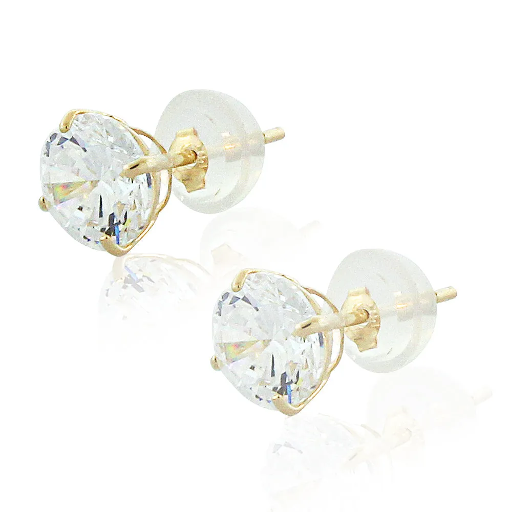 14K Yellow Gold Round White Clear CZ Classic Stud Earrings, 6 mm Diameter