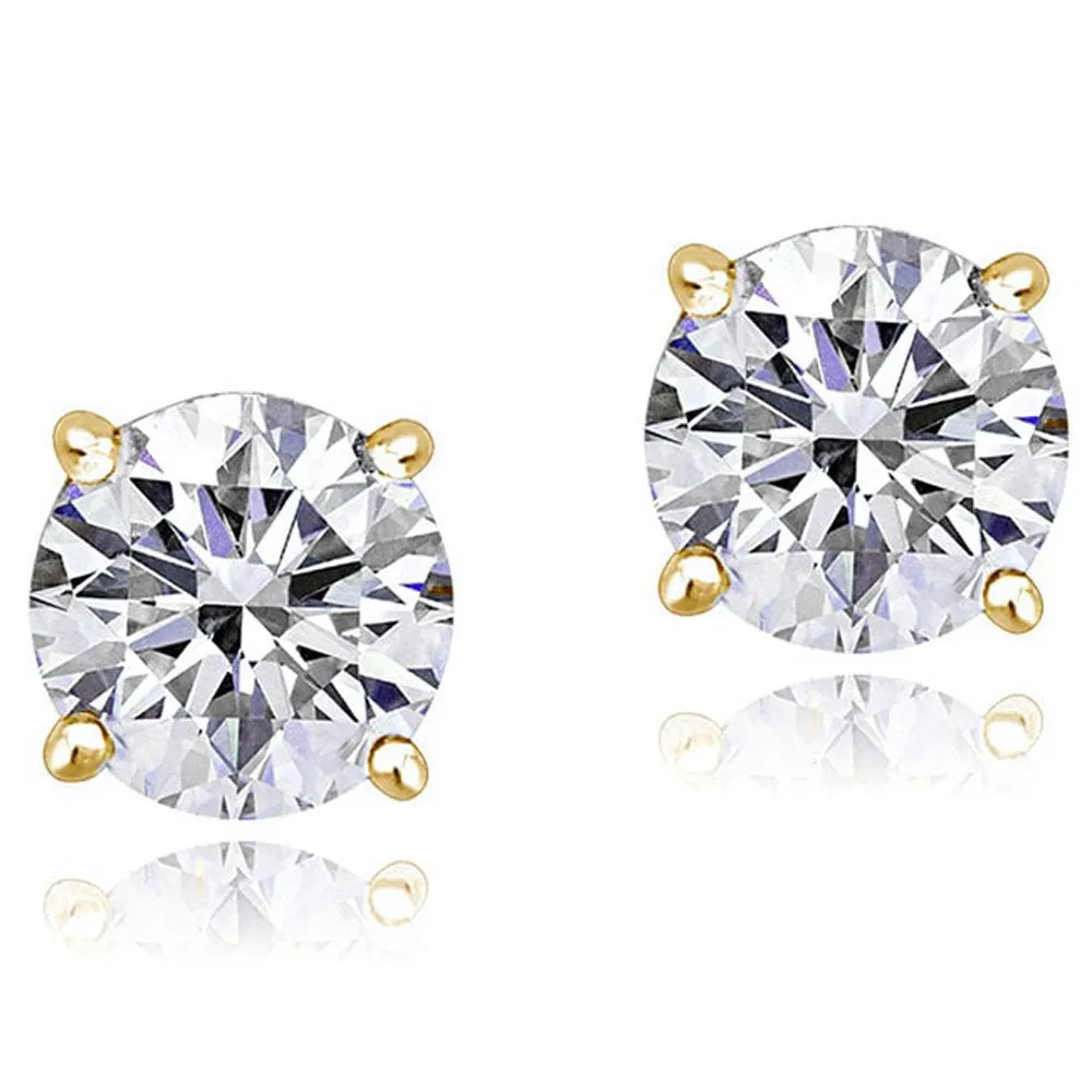 14K Yellow Gold Round White Clear CZ Classic Stud Earrings, 6 mm Diameter