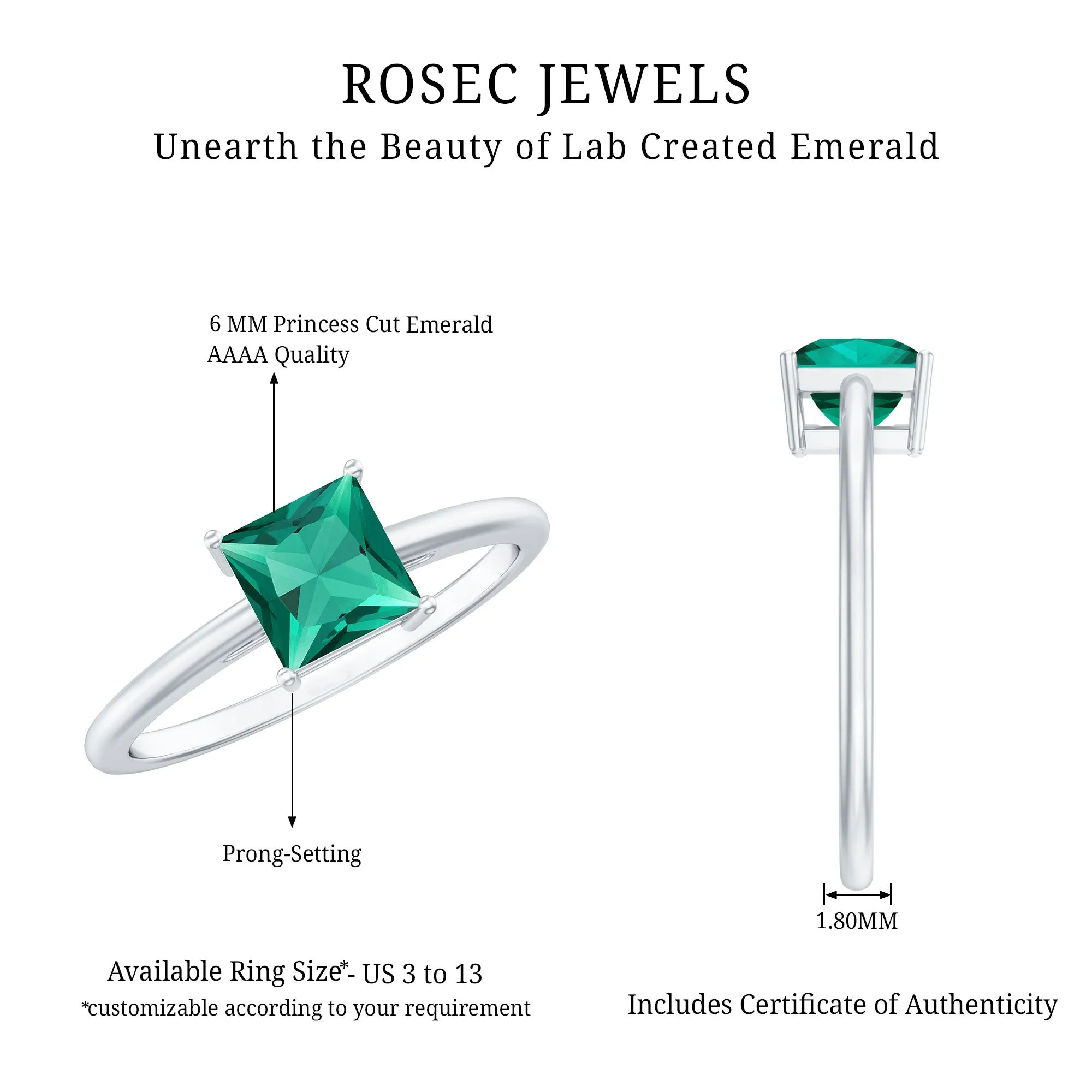 5.5 MM Princess Cut Lab Created Emerald Solitaire Ring