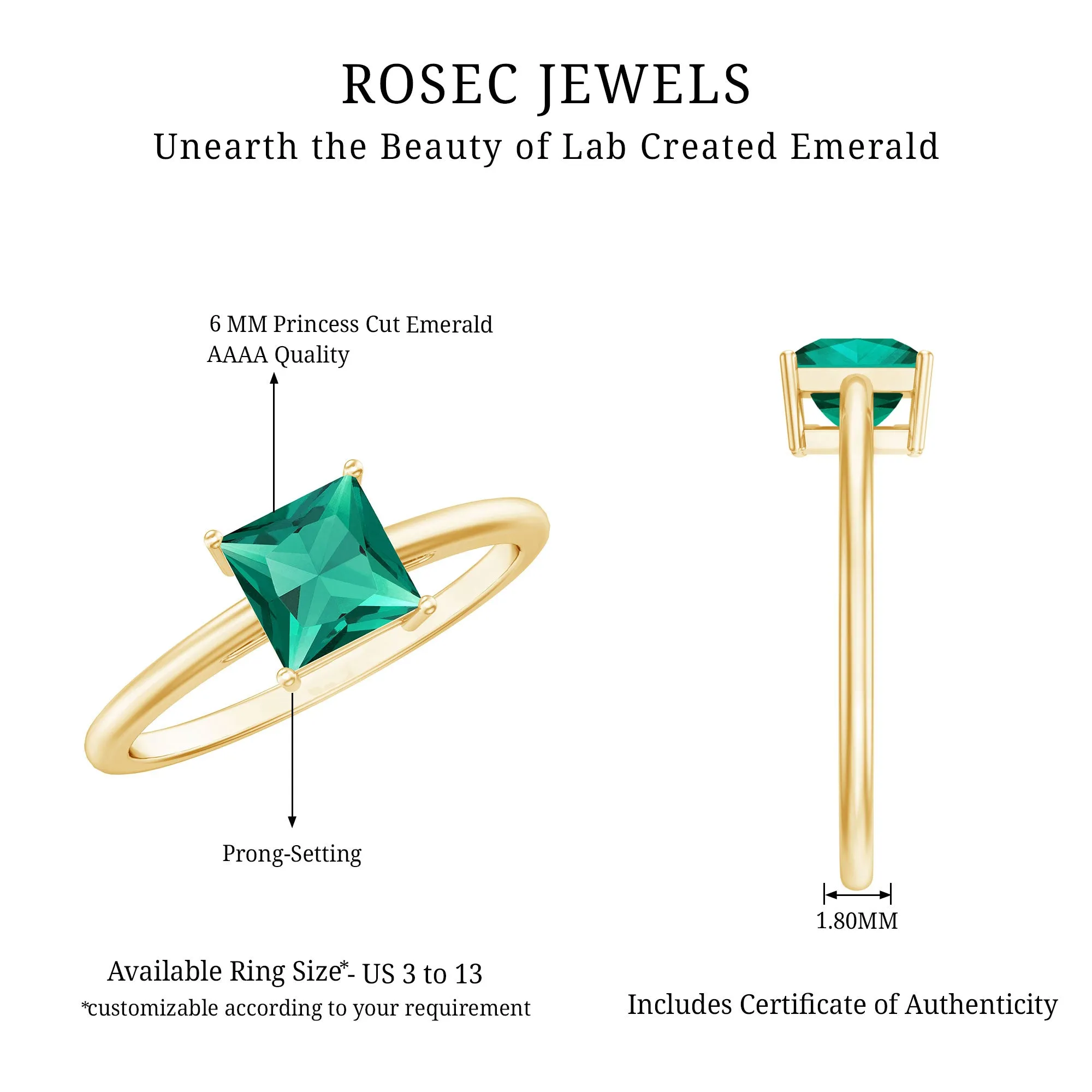 5.5 MM Princess Cut Lab Created Emerald Solitaire Ring
