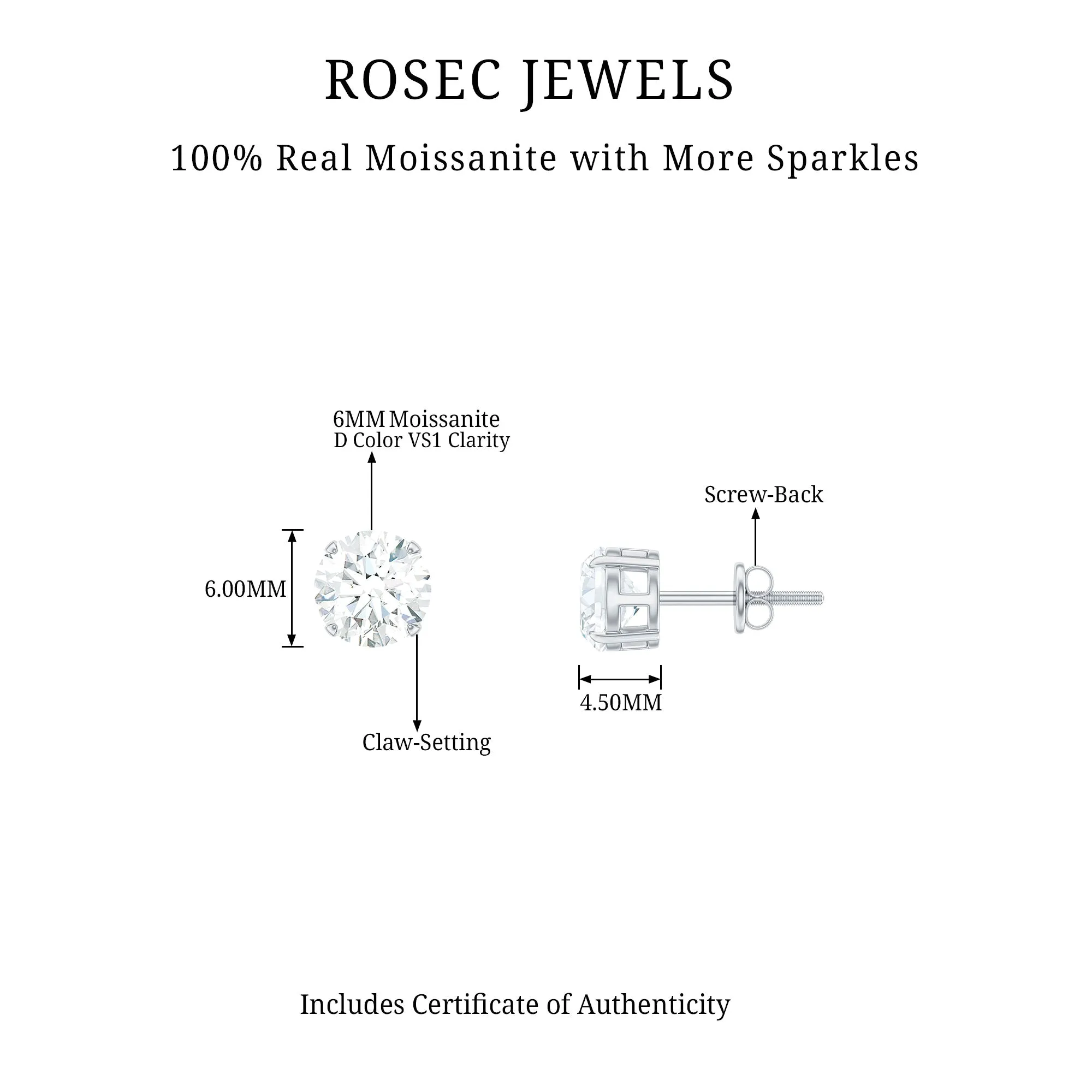 6 MM Moissanite Solitaire Stud Earrings in Silver