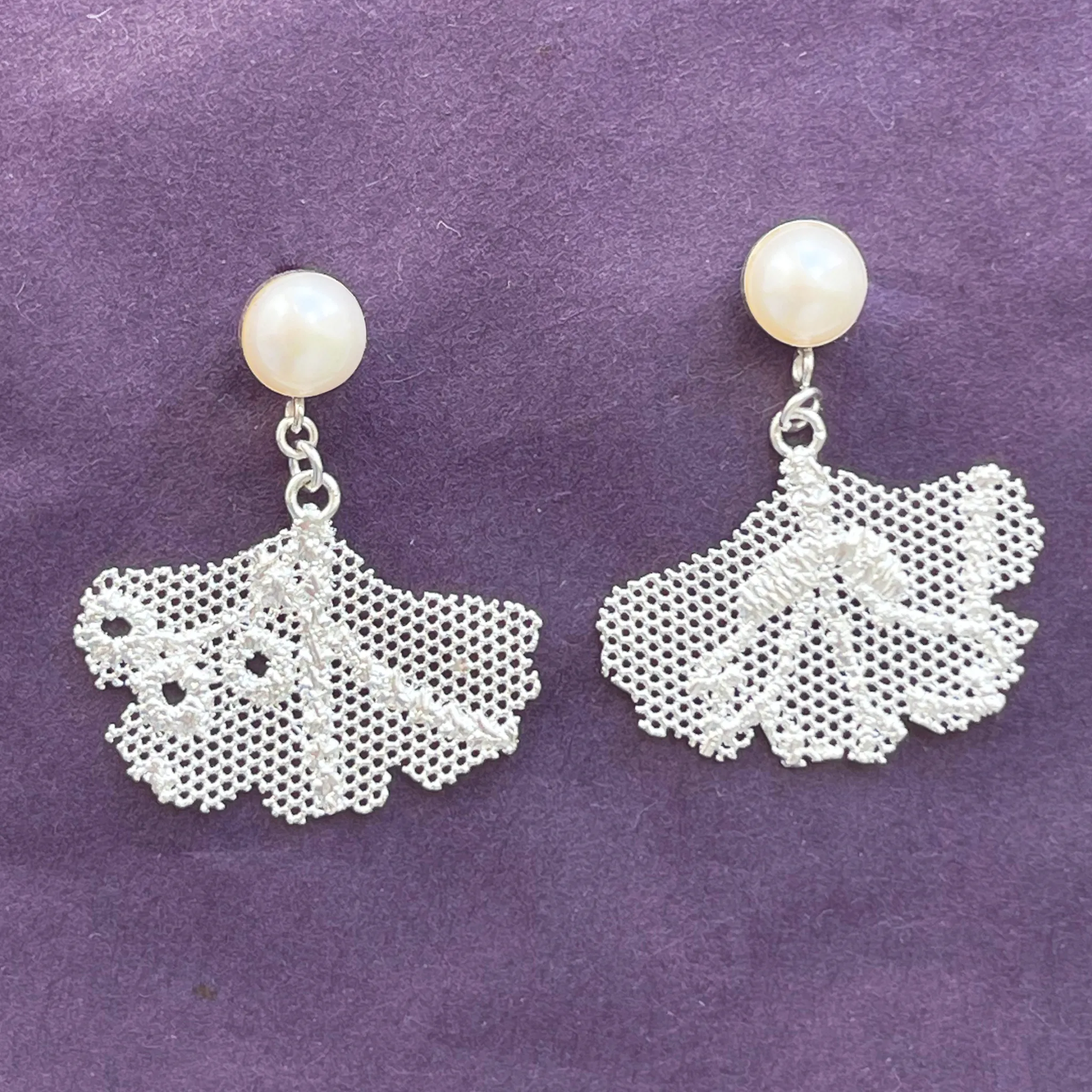 Aline Pearl and Lace Gingko Leaf Earrings