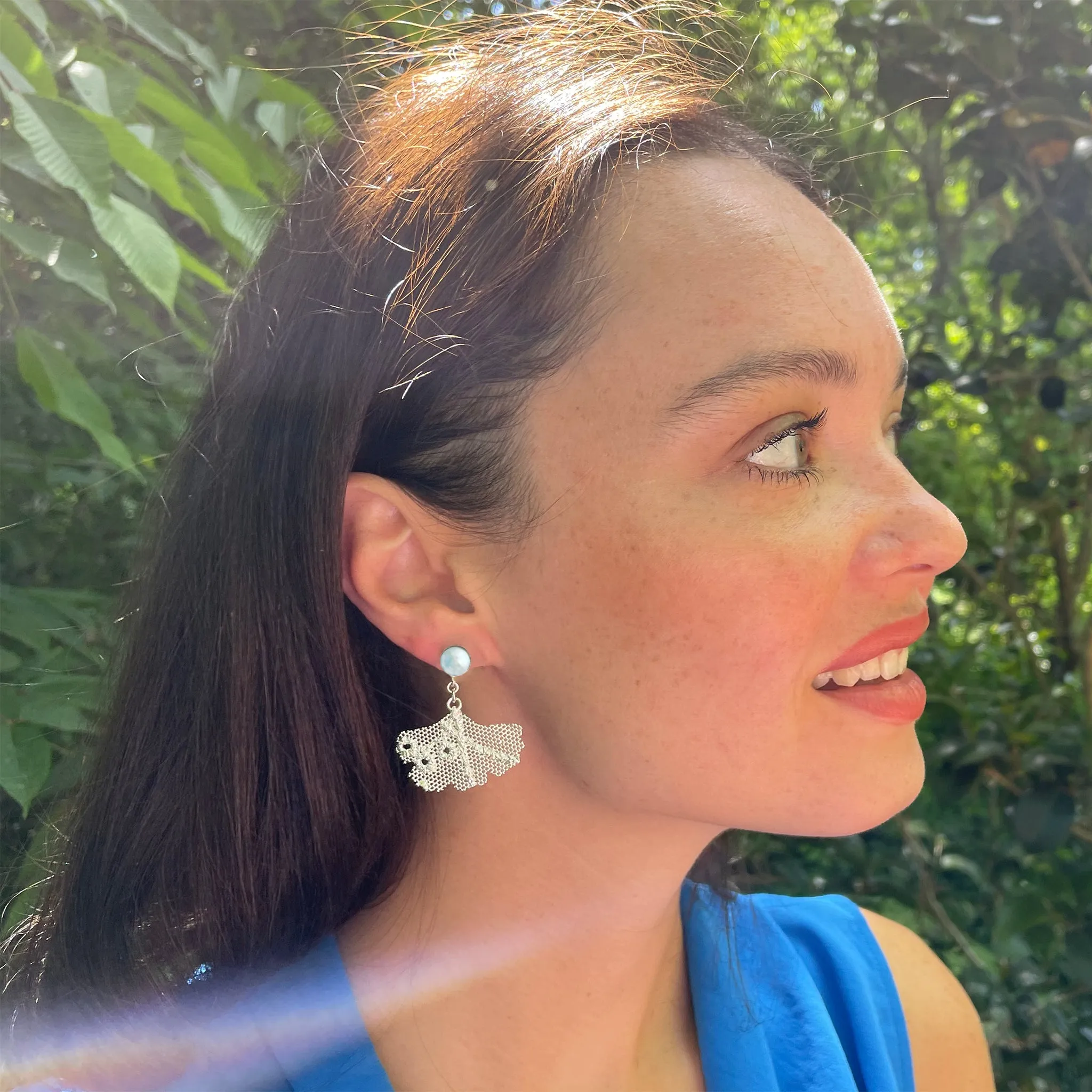 Aline Pearl and Lace Gingko Leaf Earrings