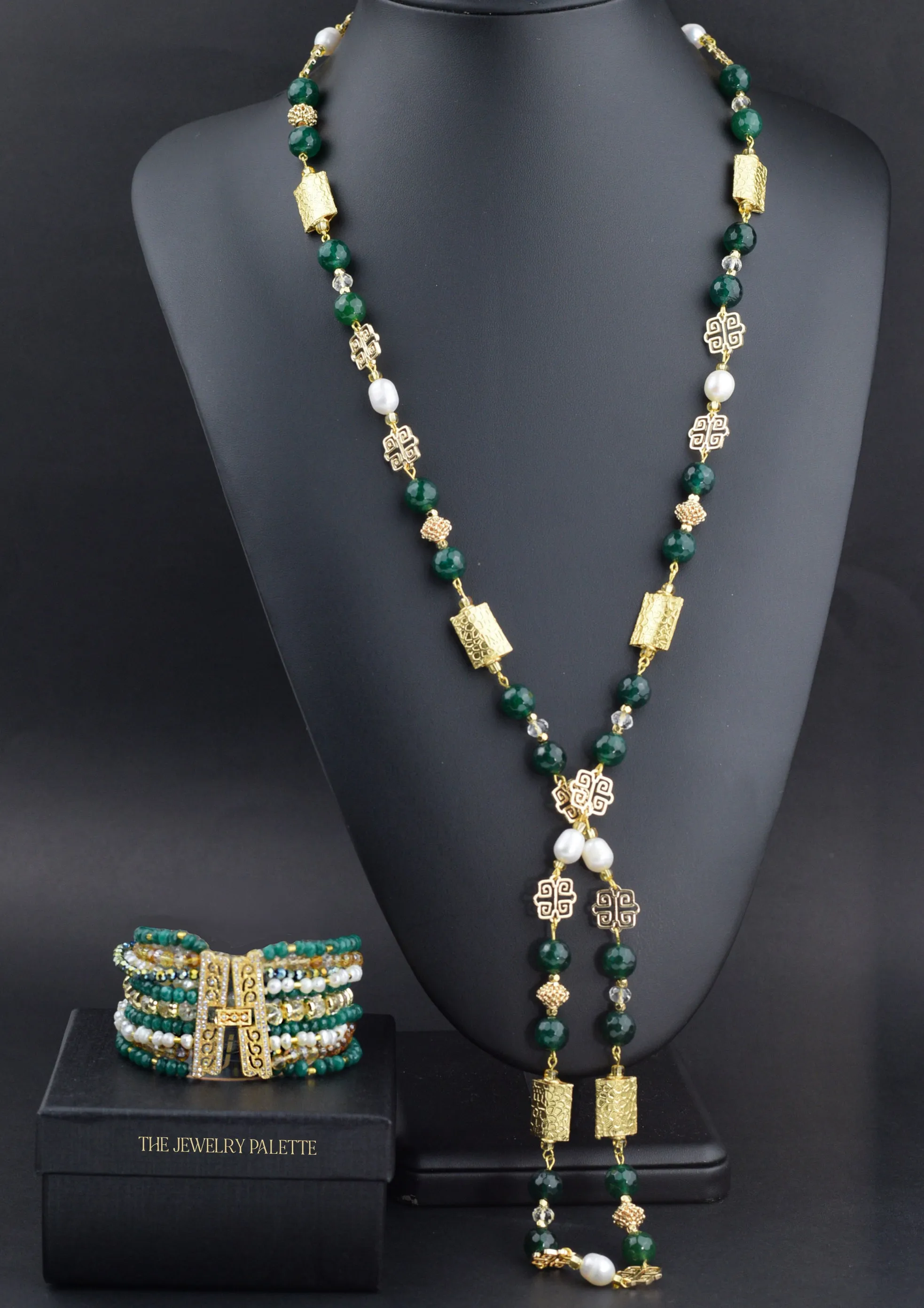 Anahita luxe emerald, pearl and gold necklace