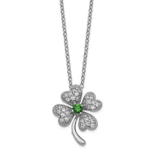 Cheryl M Sterling Silver Sim. Emerald & CZ 4-Leaf Clover Necklace