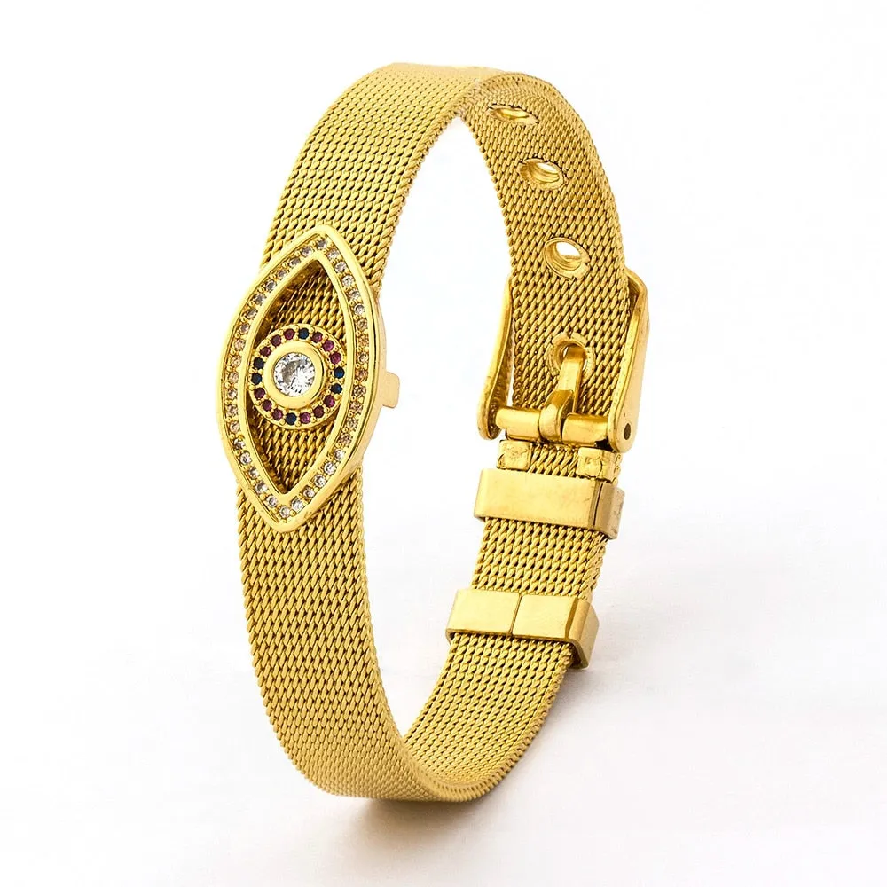 Classic Gold Color Men/Women Rainbow CZ Pave Hamsa Evil Eye Bead Bracelets Web Watch