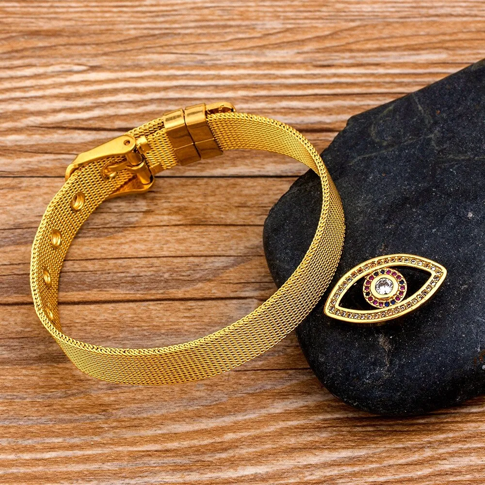 Classic Gold Color Men/Women Rainbow CZ Pave Hamsa Evil Eye Bead Bracelets Web Watch