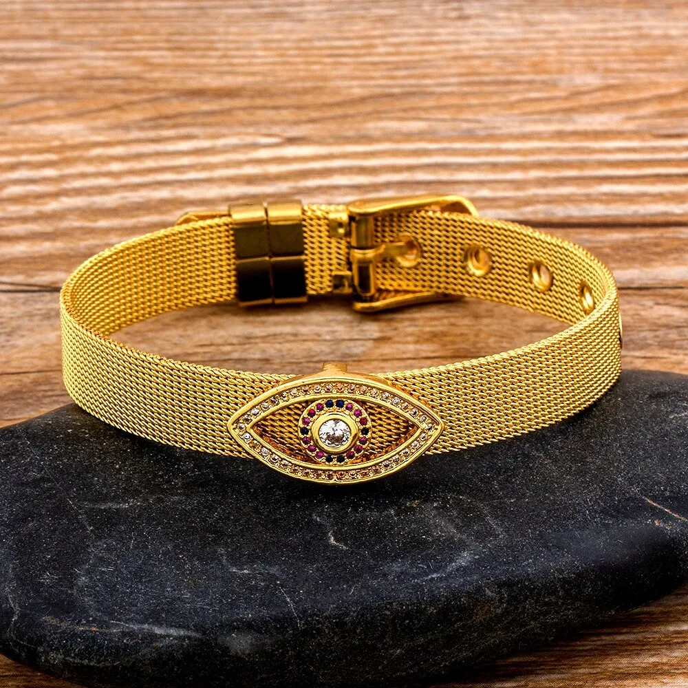 Classic Gold Color Men/Women Rainbow CZ Pave Hamsa Evil Eye Bead Bracelets Web Watch