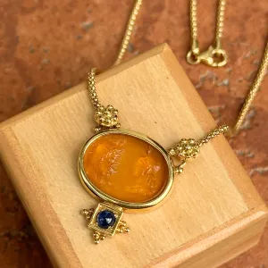 Estate Italian 18KT Yellow Gold Etruscan Venetian Intaglio Glass Sapphire Pendant Necklace
