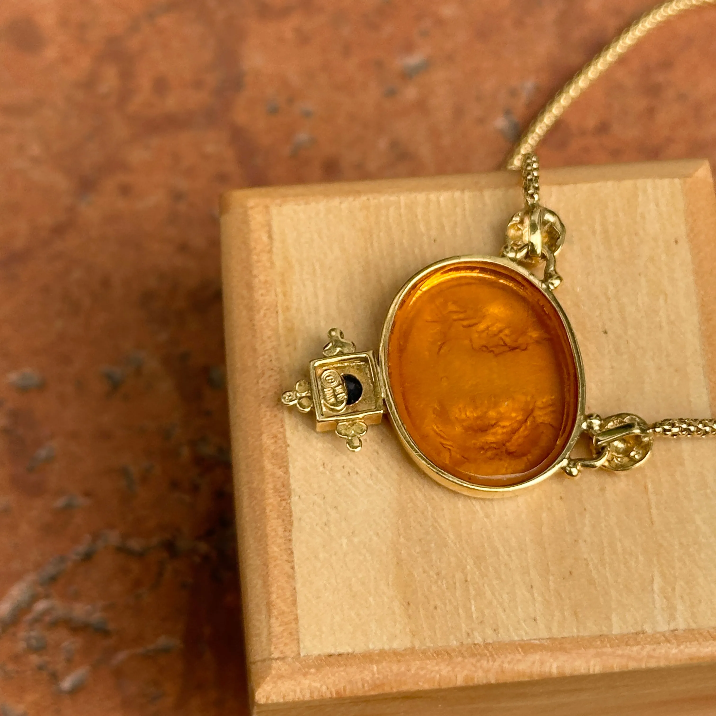 Estate Italian 18KT Yellow Gold Etruscan Venetian Intaglio Glass Sapphire Pendant Necklace