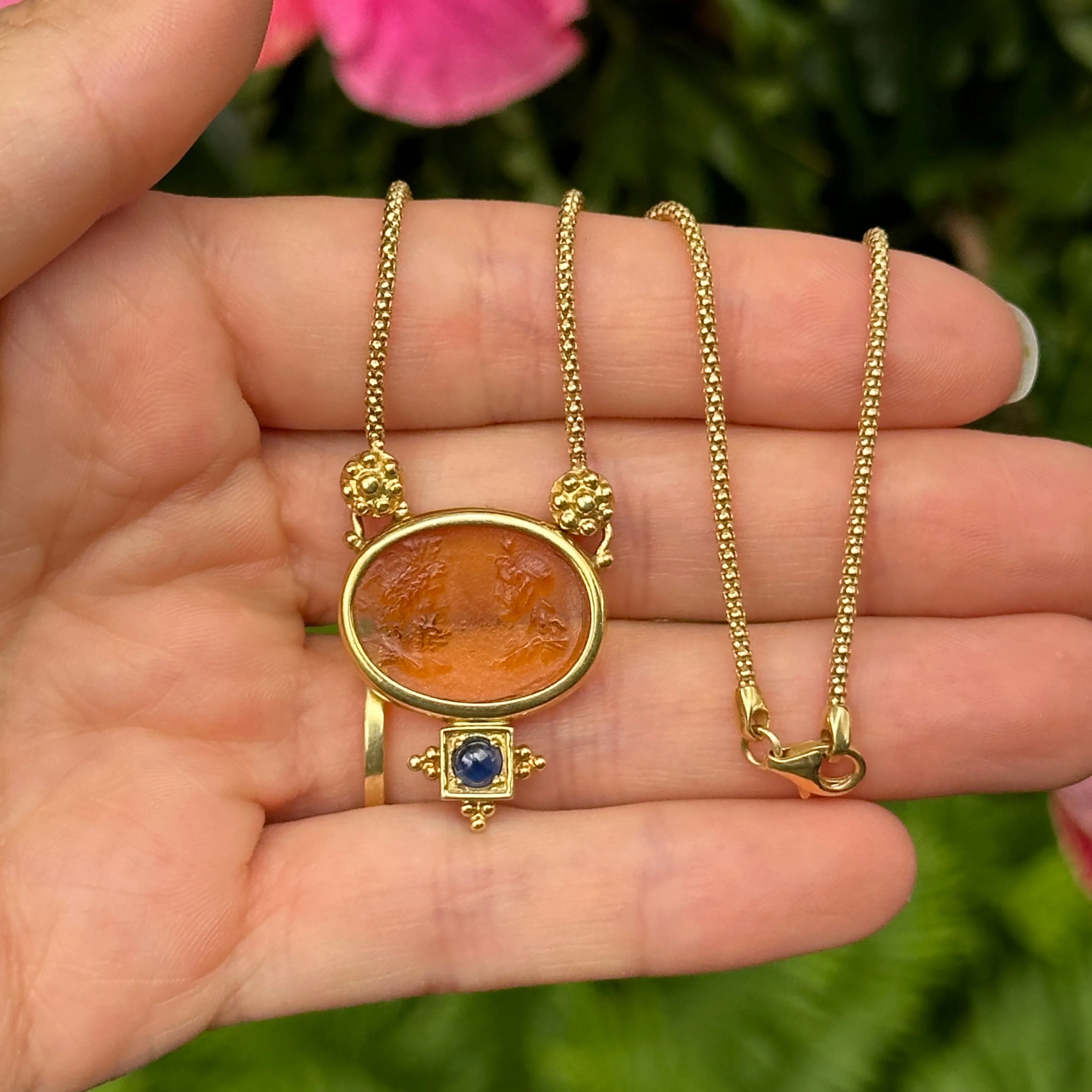 Estate Italian 18KT Yellow Gold Etruscan Venetian Intaglio Glass Sapphire Pendant Necklace