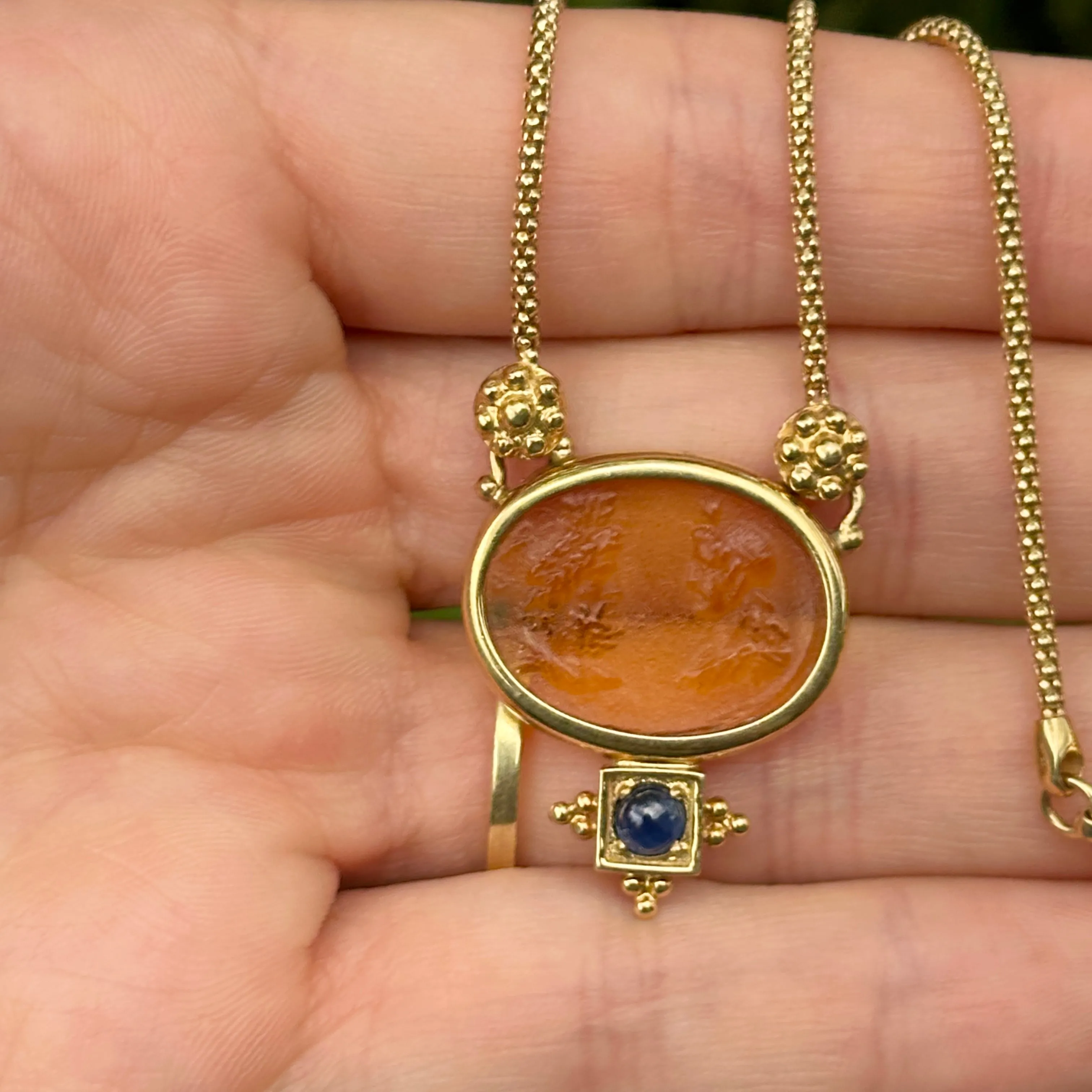 Estate Italian 18KT Yellow Gold Etruscan Venetian Intaglio Glass Sapphire Pendant Necklace