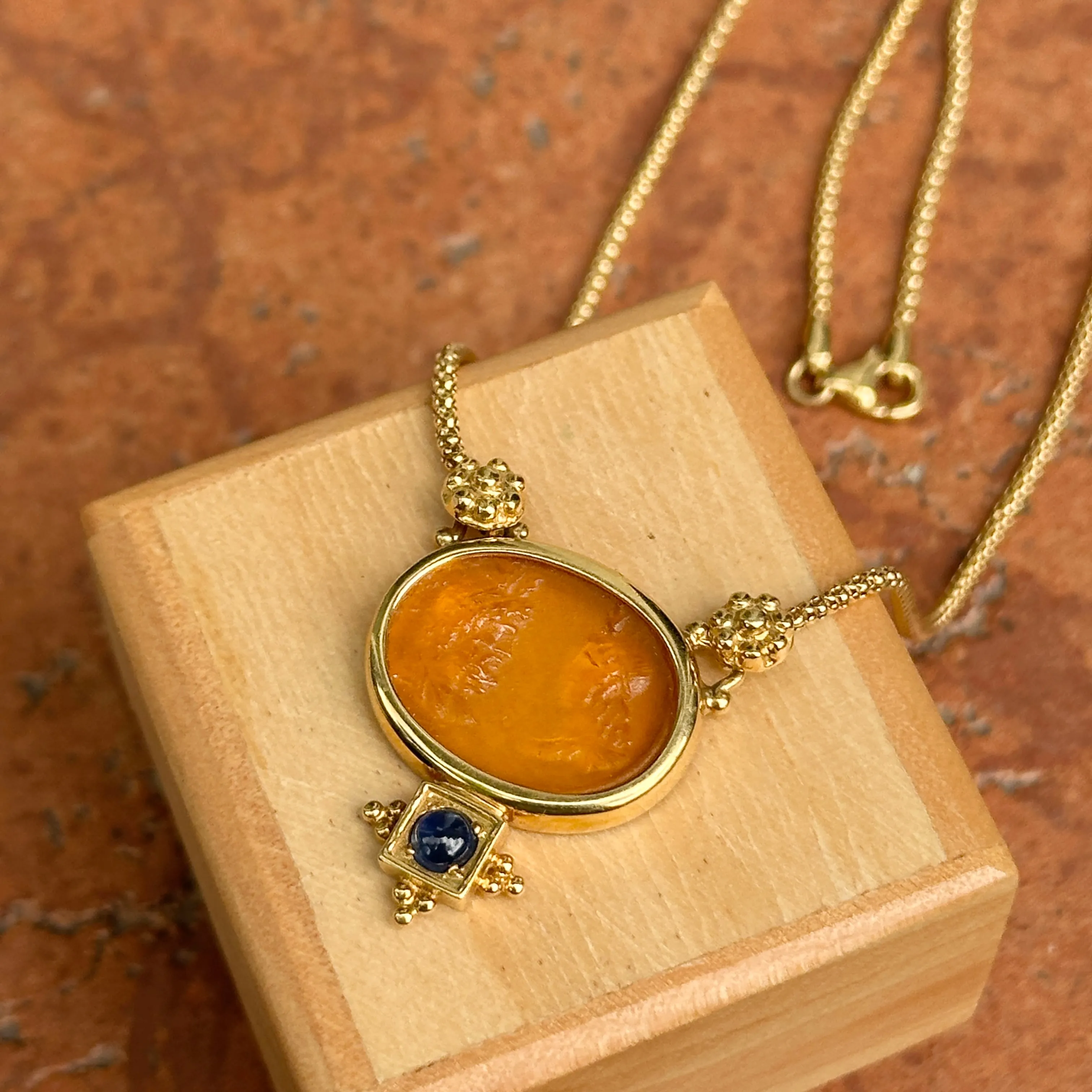 Estate Italian 18KT Yellow Gold Etruscan Venetian Intaglio Glass Sapphire Pendant Necklace