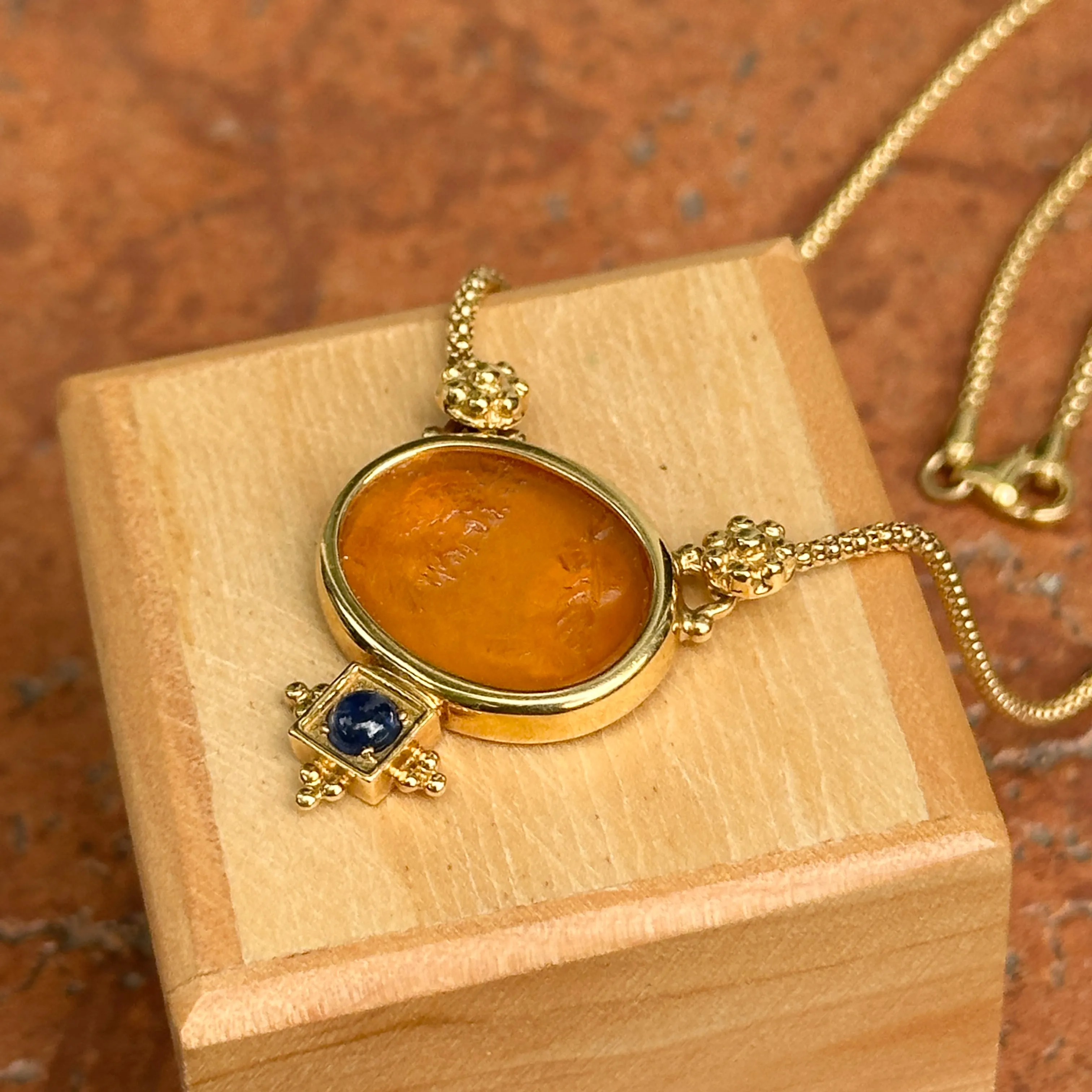 Estate Italian 18KT Yellow Gold Etruscan Venetian Intaglio Glass Sapphire Pendant Necklace
