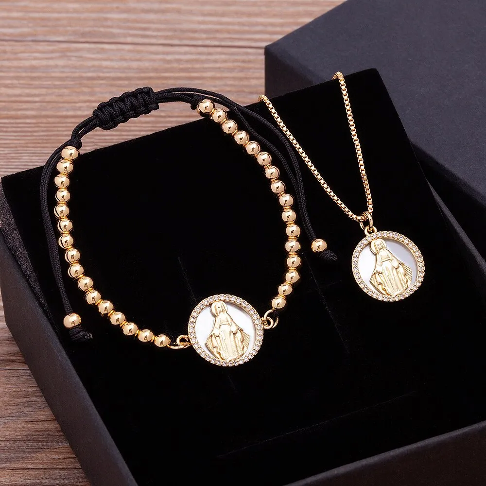 Gold Color Chain Necklace Bracelets Virgin Mary Jewelry Sets