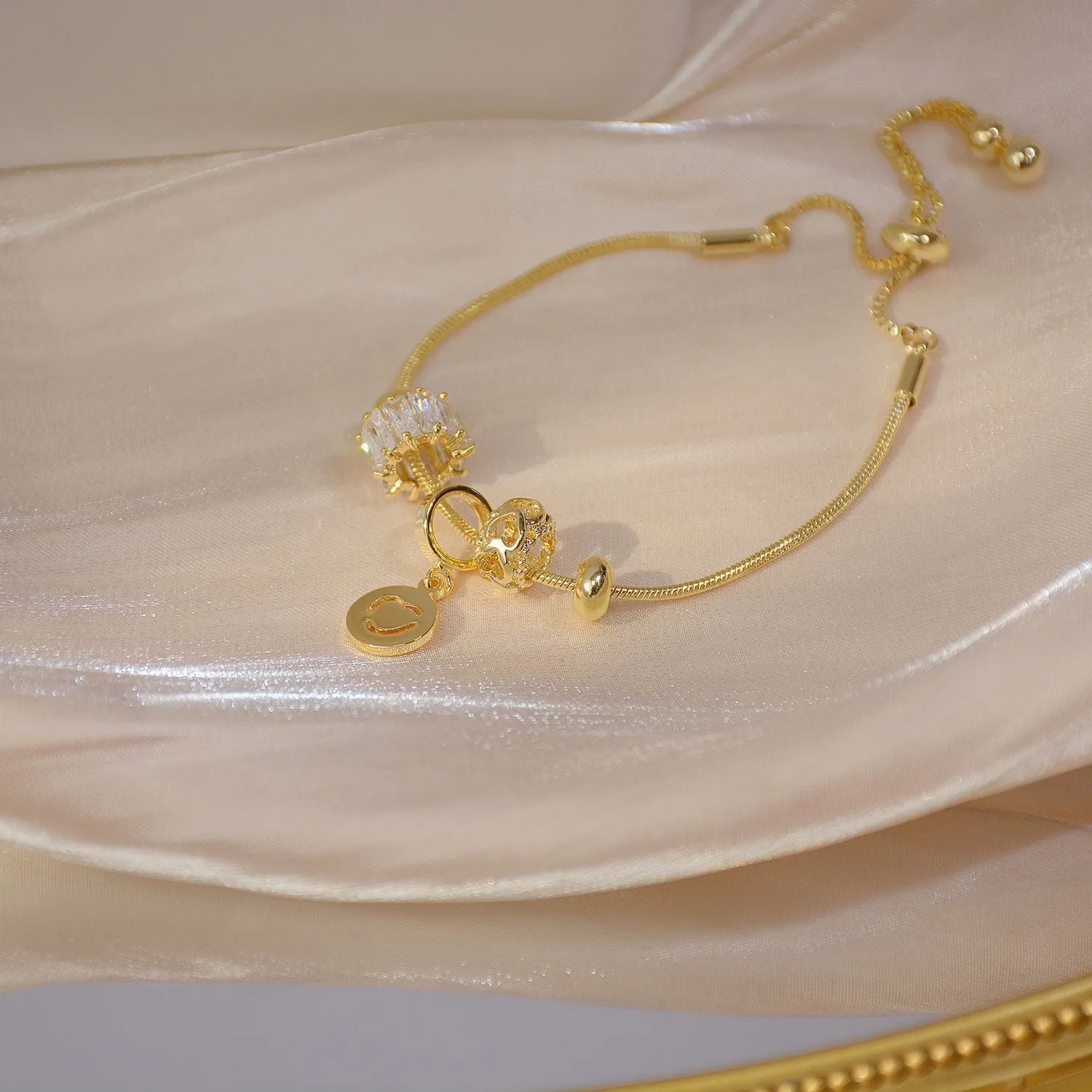 Gold Plated Snake Chain Diamante Beads Adjustable Bracelet