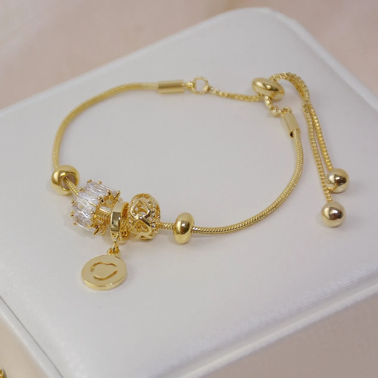 Gold Plated Snake Chain Diamante Beads Adjustable Bracelet