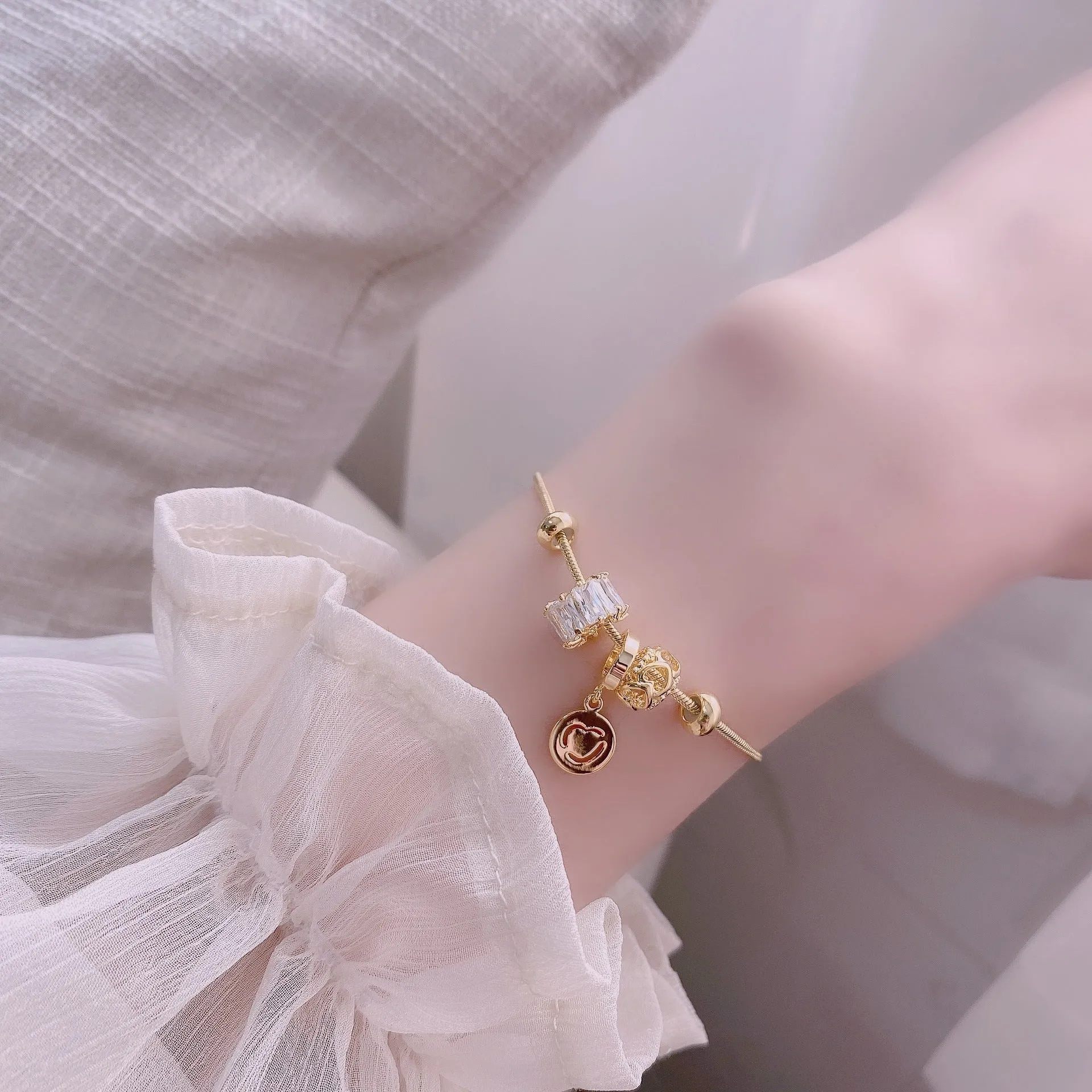 Gold Plated Snake Chain Diamante Beads Adjustable Bracelet