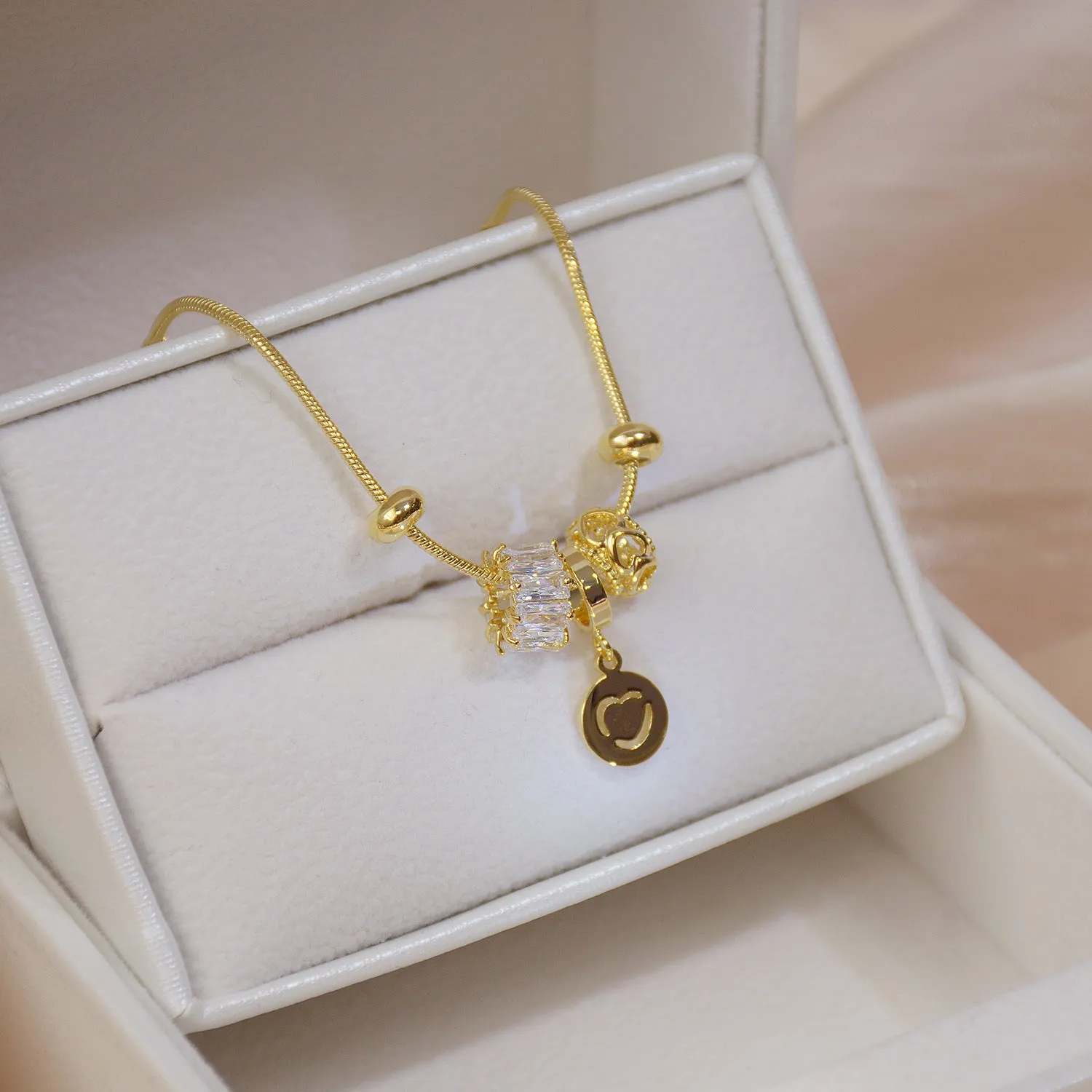 Gold Plated Snake Chain Diamante Beads Adjustable Bracelet