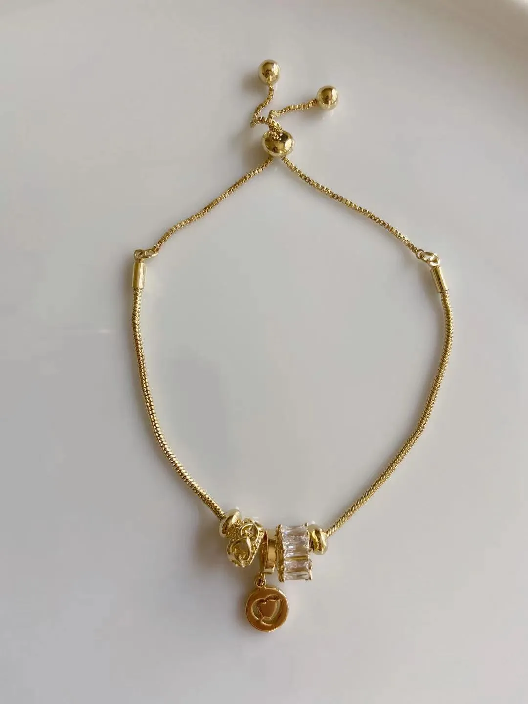 Gold Plated Snake Chain Diamante Beads Adjustable Bracelet