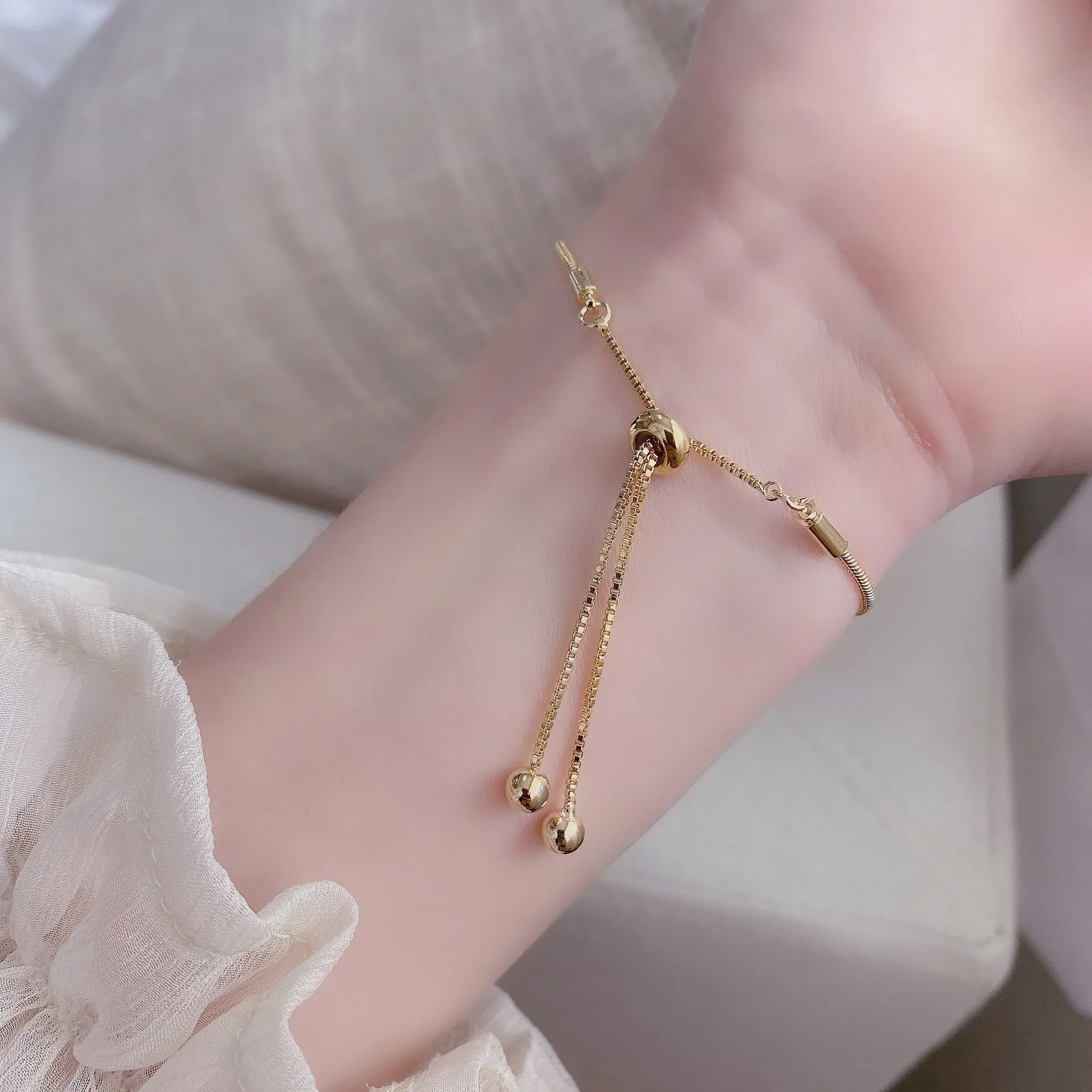 Gold Plated Snake Chain Diamante Beads Adjustable Bracelet