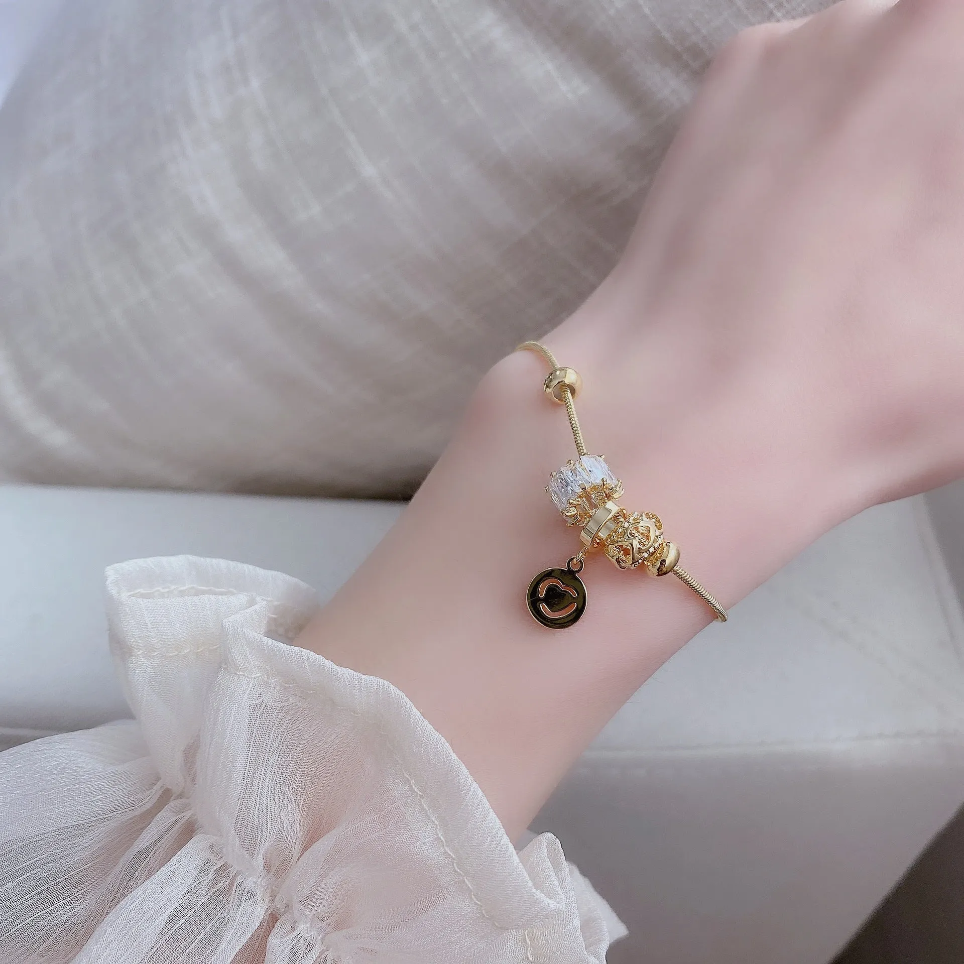 Gold Plated Snake Chain Diamante Beads Adjustable Bracelet