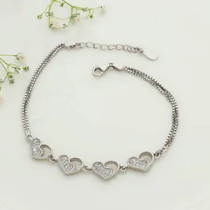 Half Stone Heart Silver Chain Bracelet for Women & Teen
