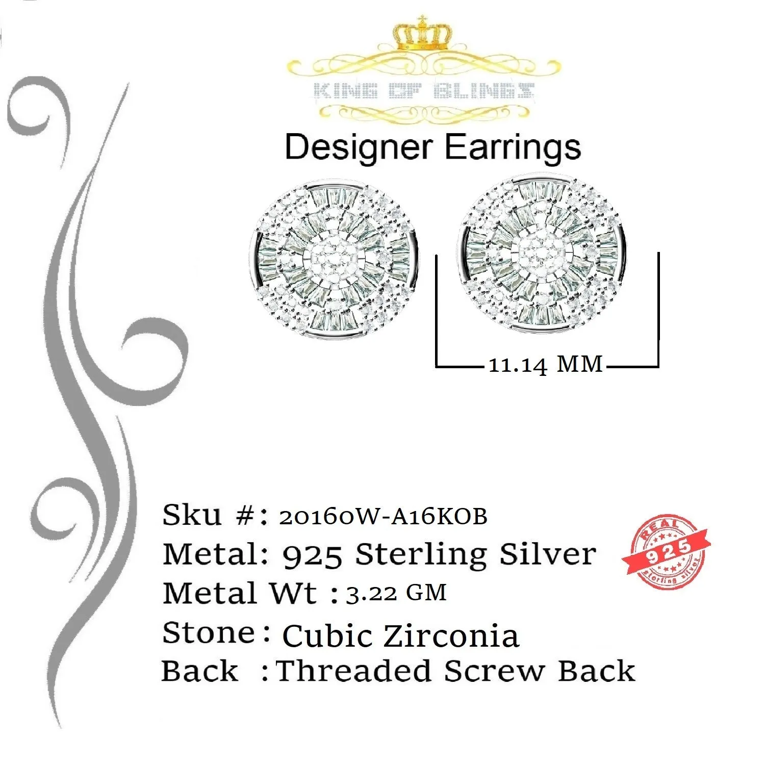 King of Blings 925 White Silver 1.68ct Cubic Zirconia Charm Round Women's Earrings