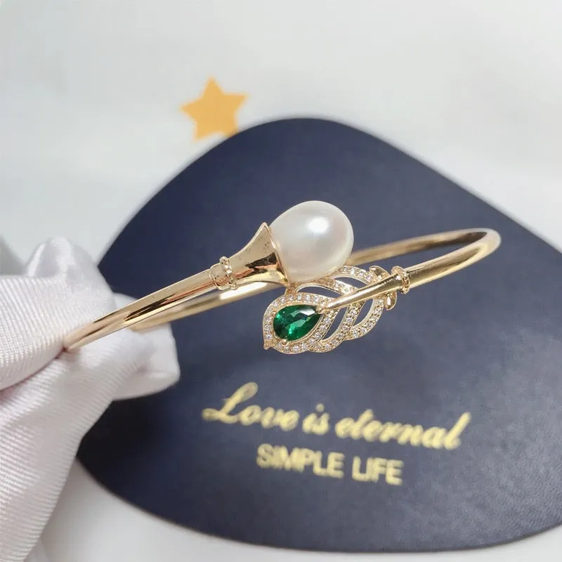 Leaf Bracelet Green Zircon Mosaic Natural Freshwater Pearl Elastic Bracelet