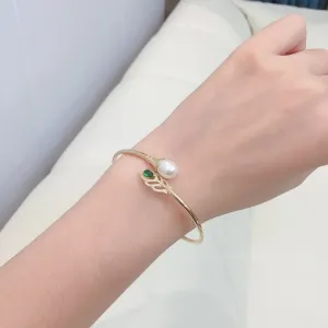 Leaf Bracelet Green Zircon Mosaic Natural Freshwater Pearl Elastic Bracelet
