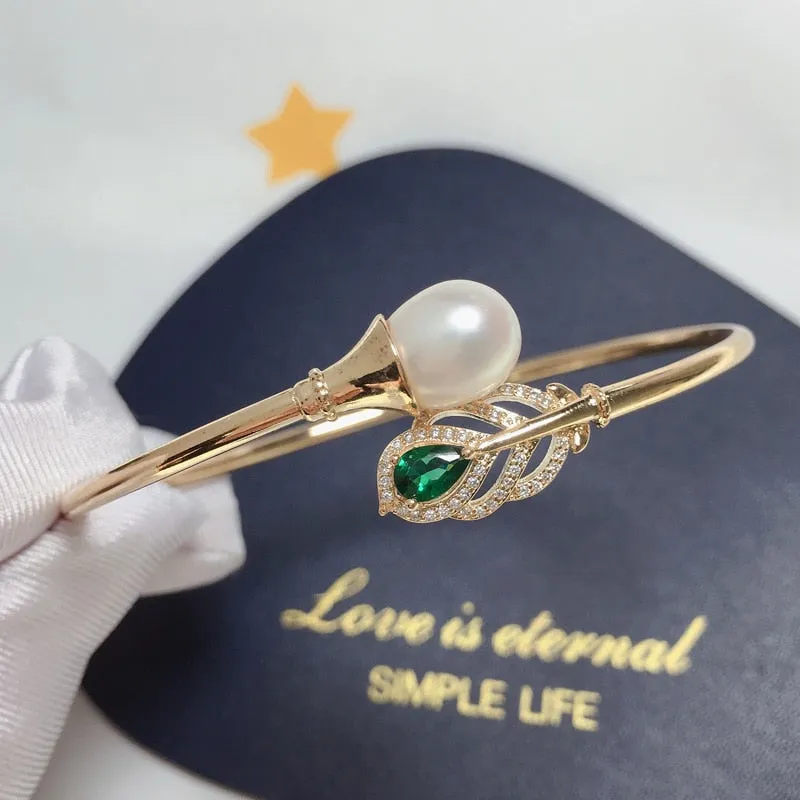 Leaf Bracelet Green Zircon Mosaic Natural Freshwater Pearl Elastic Bracelet