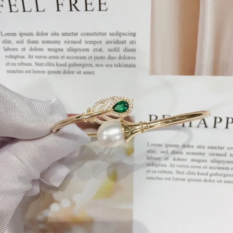 Leaf Bracelet Green Zircon Mosaic Natural Freshwater Pearl Elastic Bracelet