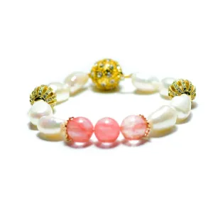 Nargis white freshwater pearl and pink quartz trio bracelet