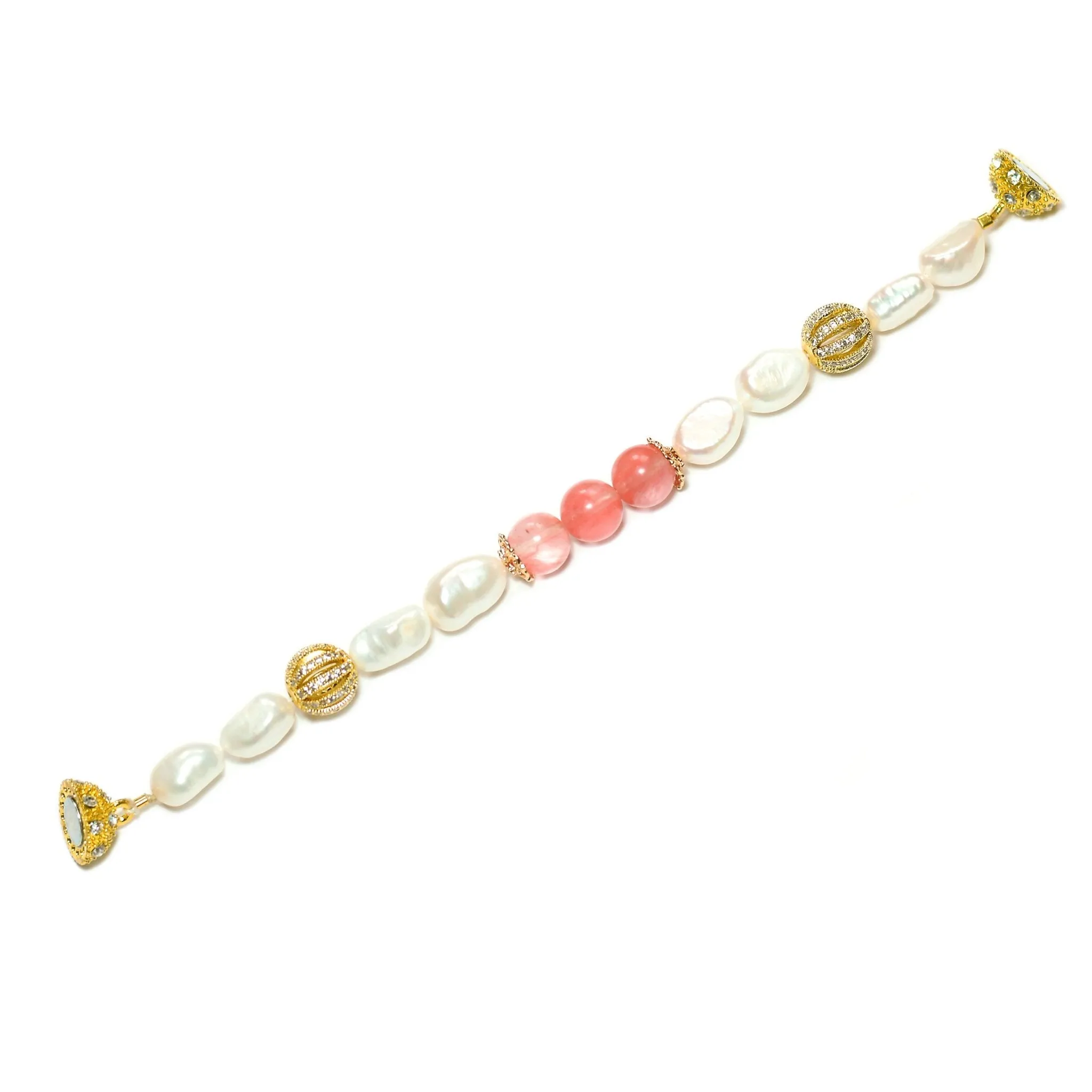 Nargis white freshwater pearl and pink quartz trio bracelet