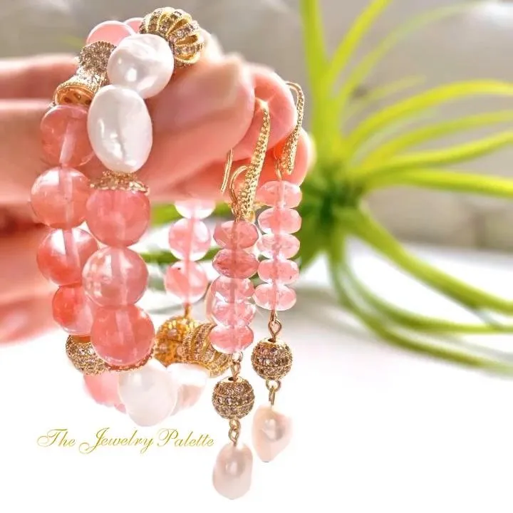 Nargis white freshwater pearl and pink quartz trio bracelet