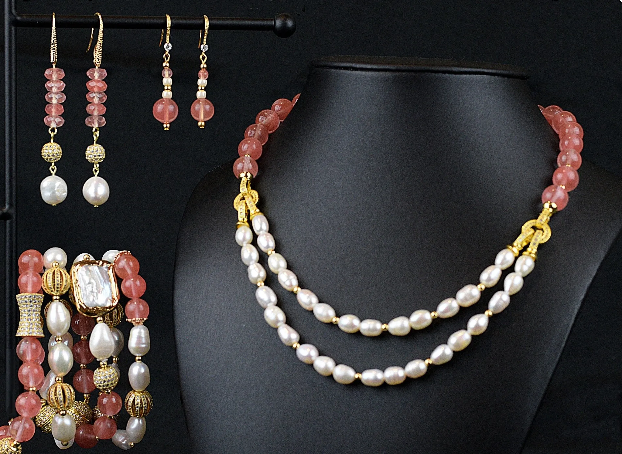 Nargis white freshwater pearl and pink quartz trio bracelet