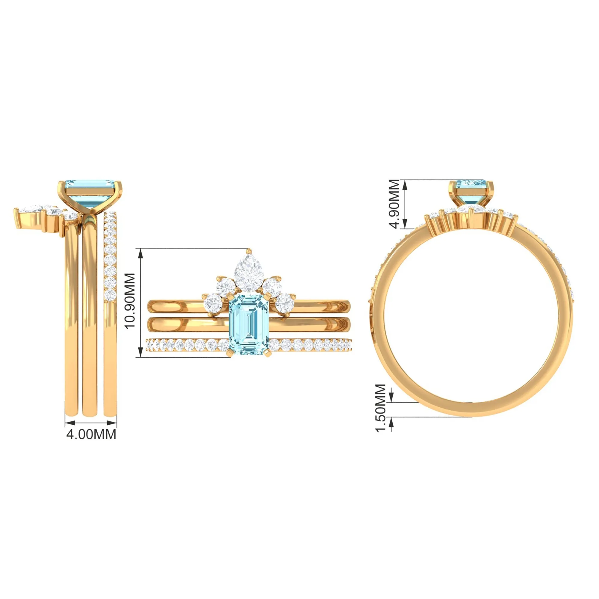 Octagon Aquamarine Solitaire Ring Set of 3 with Diamond