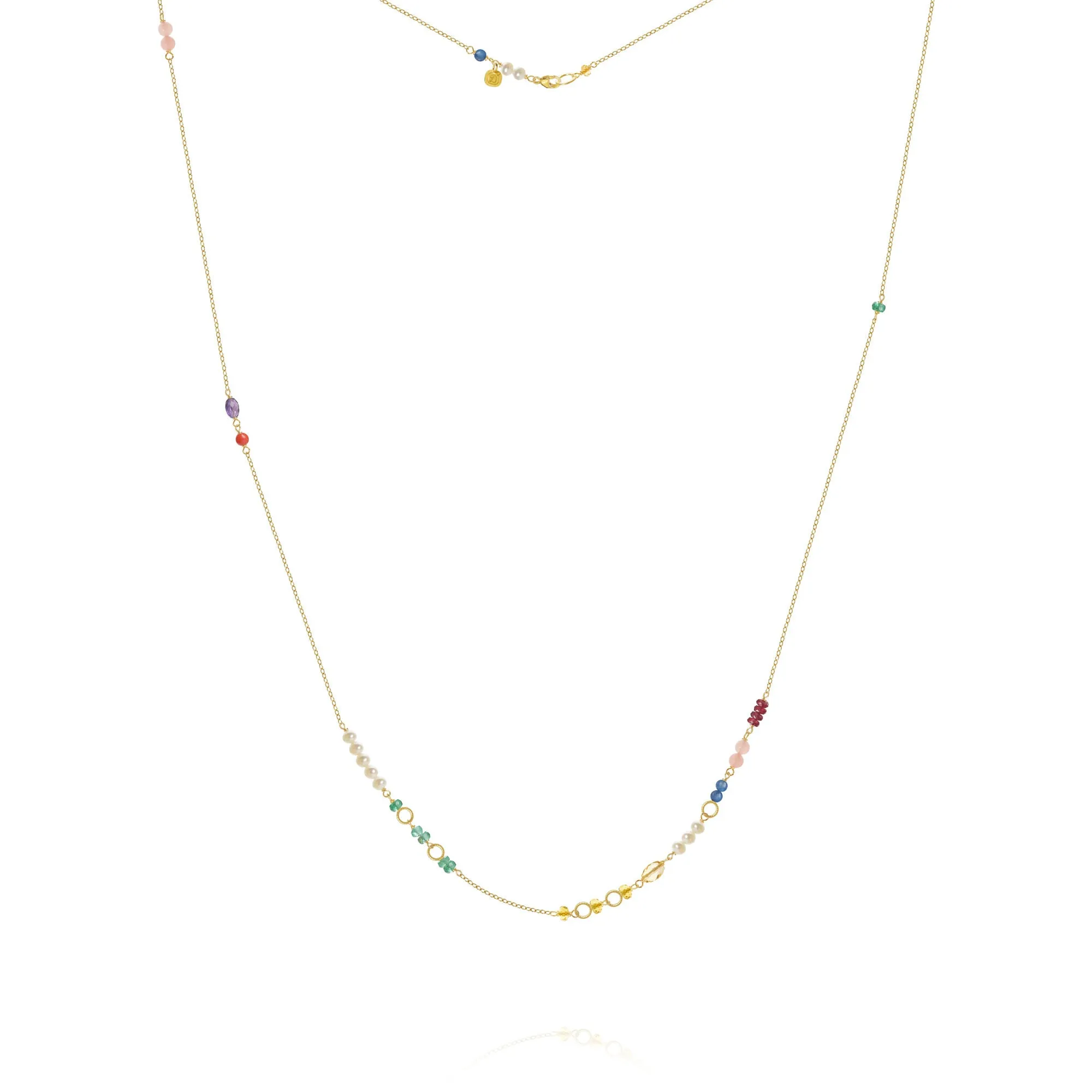Piccolo Bloom 18K Gold Necklace, 62 cm w. Emerald, Ruby, Quartz, Kyanite, Pearl, Citrin, Coral & Amethyst