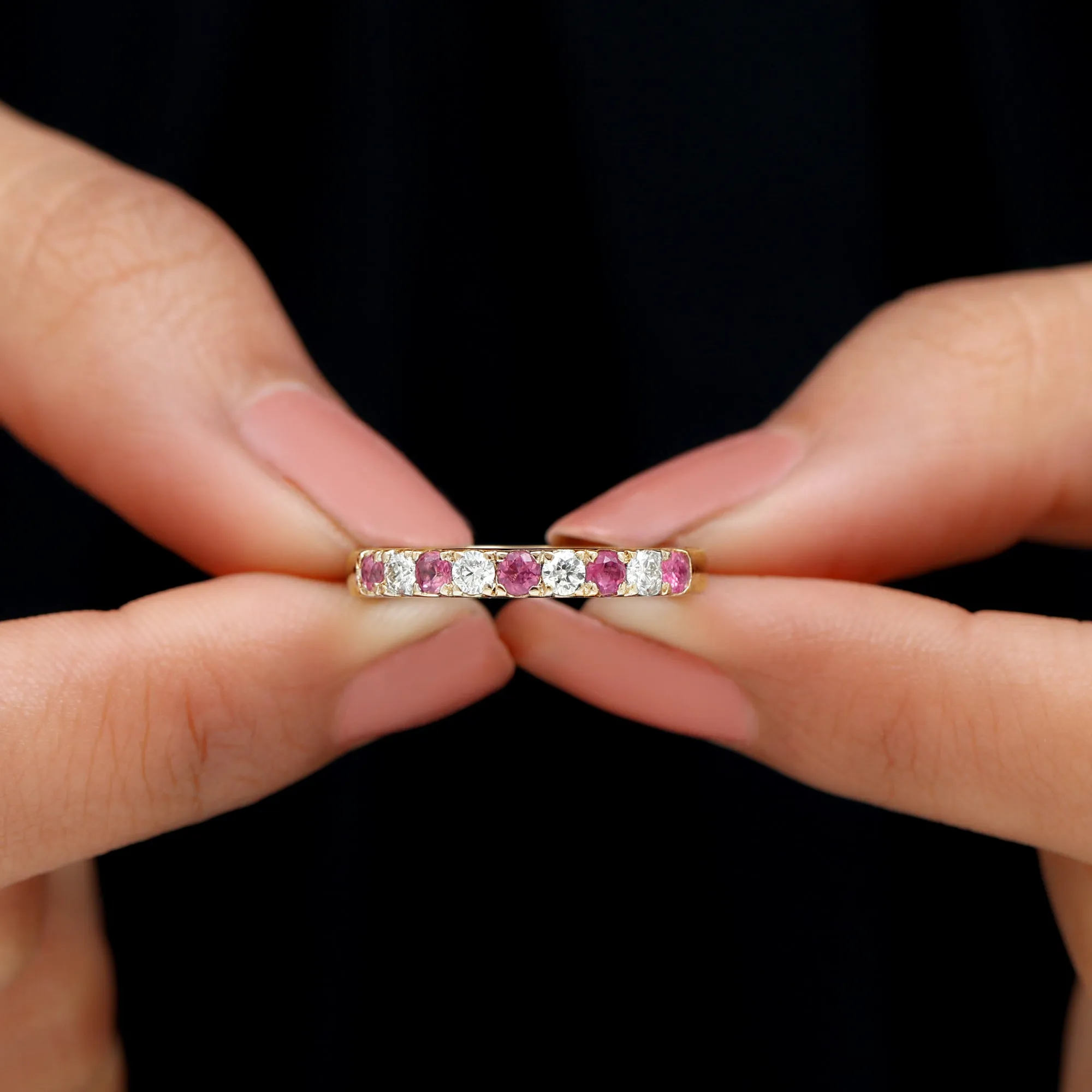 Pink Tourmaline and Diamond Nine Stone Band Ring